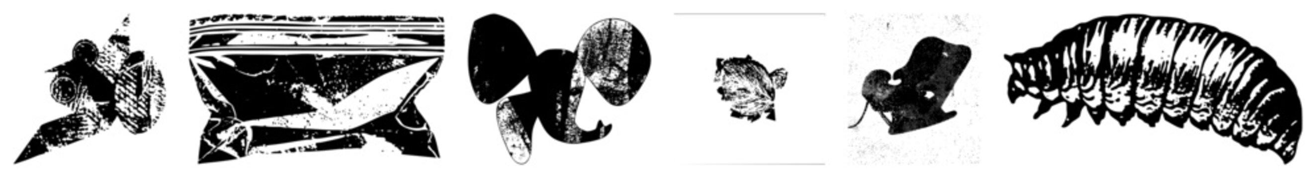 Six stylized bug cutouts in gritty black and white, featuring roly poly bugs, pill bugs, and woodlice rendered in halftone and stencil styles perfect for edgy branding or dark themed posters.