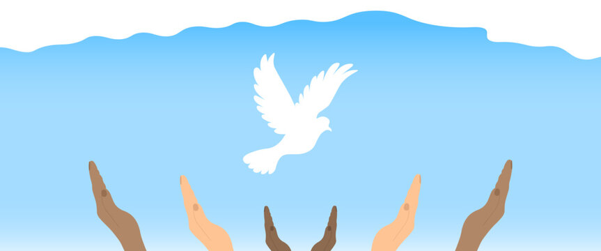 Holy Spirit dove above raised hands on blue background perfect for Pentecost church posters worship slides religious education and community faith designs