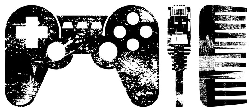 Retro controller in gritty halftone, pixelated sticks/D pad called &ldquo;joy stick&rdquo; or &ldquo;gamepad ghost.&rdquo; Broken, fragmented look evokes vintage arcade decay.