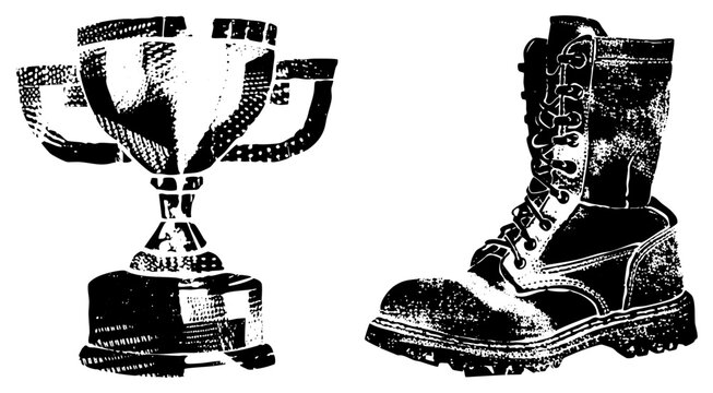 Gritty halftone trophy rugged boot in raw stencil cuts &ldquo;winners boot&rdquo; or &ldquo;grind trophy&rdquo; for hustle culture. Stark B&W, street art meets industrial strength. Ideal for motivational merch or rebel b