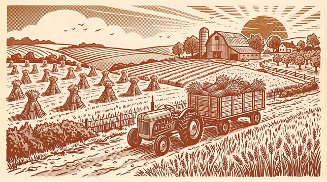 Tractor pulling trailer with wheat in farm field. Engraving graphic style rural landscape with barn and haystack. Vintage agriculture illustration of harvesting season in countryside.