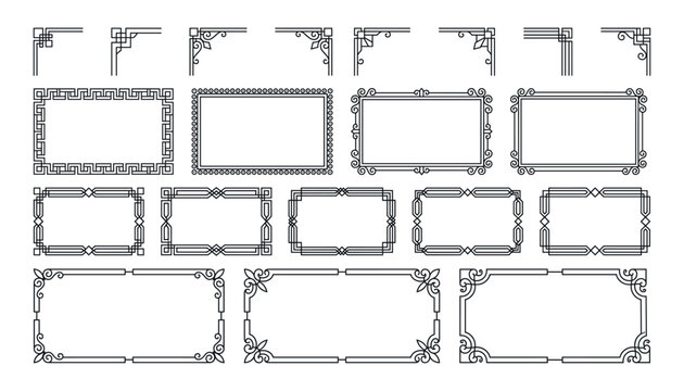 Collection of decorative page borders frames and corner elements in clean linear style.