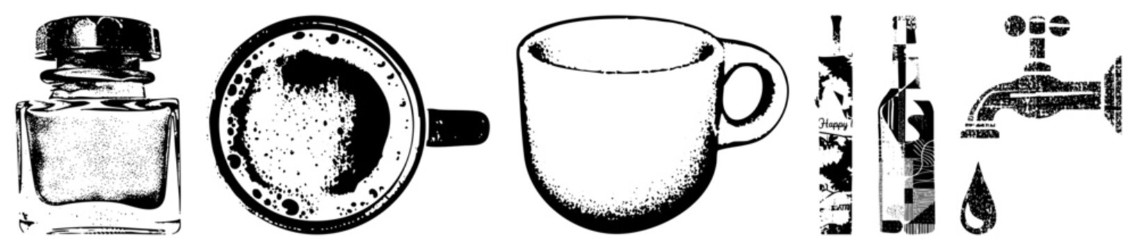 Brewed java, drip mug, espresso shot gritty halftone glyphs evoke vintage caf&eacute; culture. Ideal for baristas, roasters, or slang lovers calling it &ldquo;cuppa&rdquo; or &ldquo;joe&rdquo;.