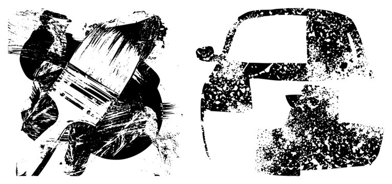 Rugged auto motor depicted in gritty halftone style, often called a " under hood" or "heart of the ride," featuring shattered edges and ink splatter decay perfect for edgy automotive branding.