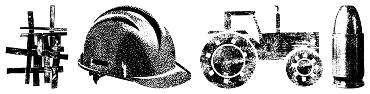 Rugged halftone graphics show a hard hat, tractor, bullet, and pallet 工地头盔, farm rig, ammo round, skid load. These gritty glyph style symbols scream industrial strength with a vintage stencil vibe.