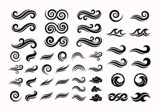 Flowing wave patterns and decorative swirls for design accents and backgrounds.