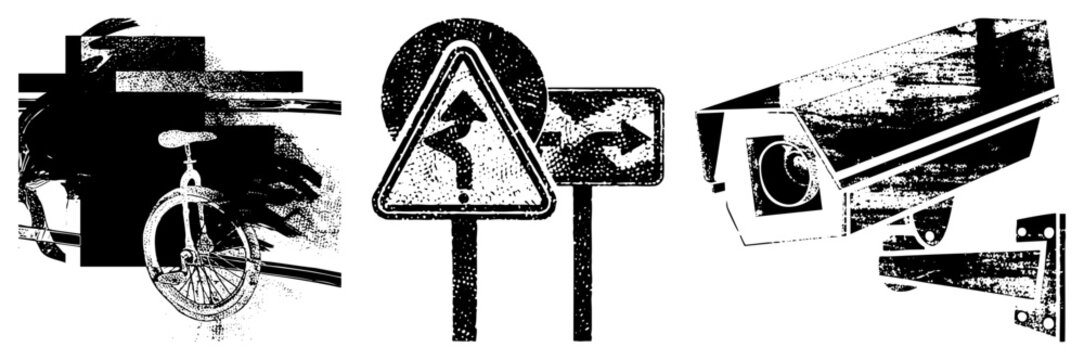 Rugged street signs, security cams (&ldquo;copper eye&rdquo;/&ldquo;street hawk&rdquo;) in gritty halftone, fragmented shapes raw, graffiti stenciled urban warnings. Ideal for edgy branding or poster art.