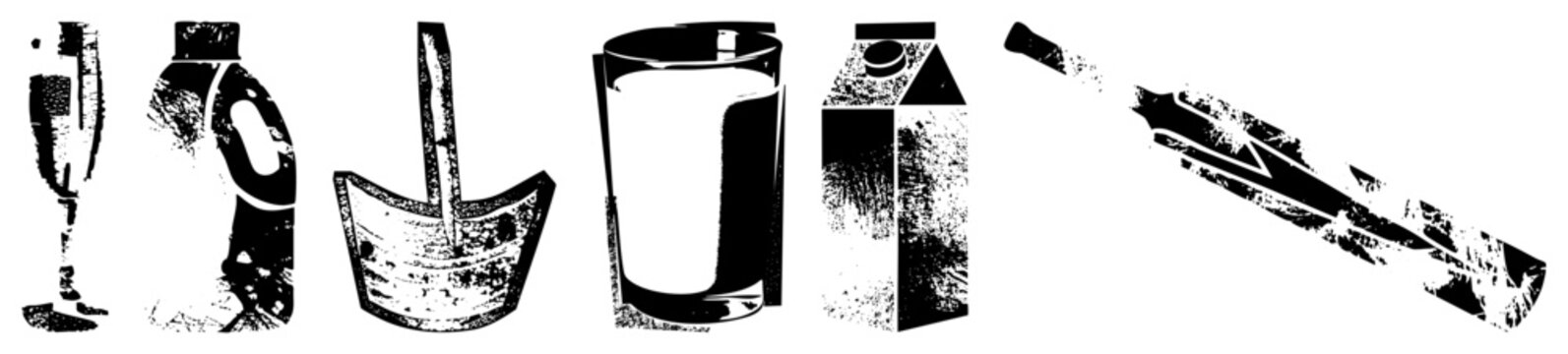 Gritty, high contrast set of beverage containers think &ldquo;soda pop jug&rdquo; or &ldquo;milk carton ghost&rdquo; rendered in raw halftone grit. Perfect for edgy branding where drinks meet decayed print aesthetics.