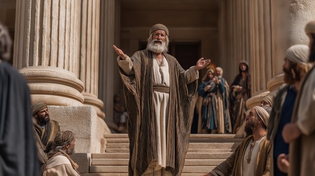 Jeremiah standing at the entrance of the temple in jerusalem raising his voice toward worshippers entering with offerings under harsh daylight and tension-filled confrontation.