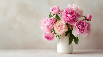 Fototapeta premium Pink flowers in a white vase on a table with a simple background