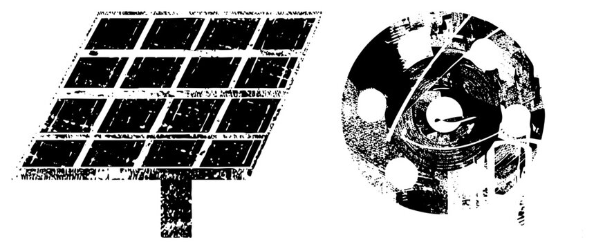 Gritty solar array cogwheel, sun catcher panel, gearhead mech. Printed in high contrast black ink on white. Street art tech motif for indie eco or punk engineering brands.