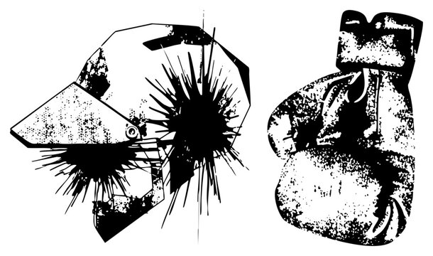 Vintage boxing mitt, street slang &ldquo;knuckle duster,&rdquo; bursting with halftone. Worn leather, explosive evoke brawler grit raw stencil style.