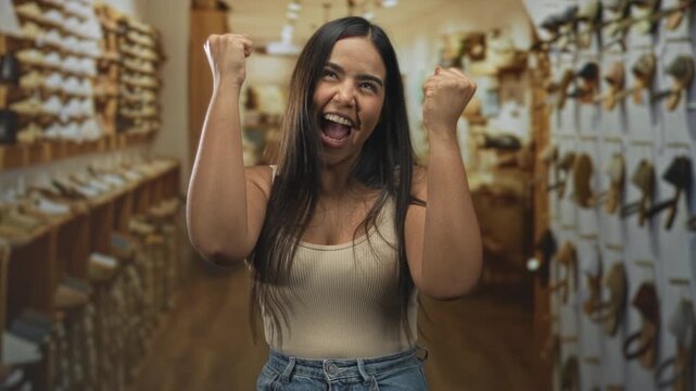 Young hispanic woman with bare arms raises fists by wooden shoe shelves and smiles widely in building; celebration success joy.