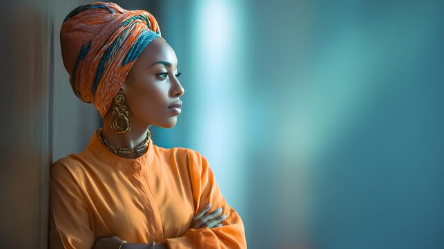 Woman stands by wall, looking thoughtfully in a brightly lit space during the day with colorful head wrap and accessories