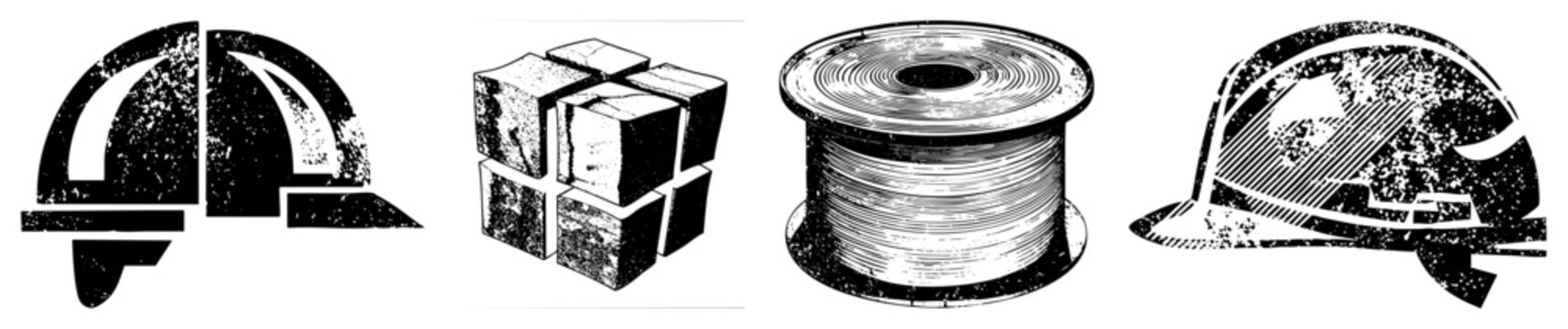 Rugged safety helmet, gritty texture, stacked blocks, wire spool distressed halftone. Bold stencil style for blue collar branding or workshop decor.