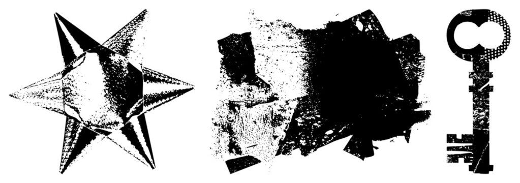 Edgy halftone star with points, gritty key silhouette, and torn paper texture street art meets vintage print. Dubbed &ldquo;grit glyph&rdquo; or &ldquo;urban stencil,&rdquo; these cutouts scream punk zine energy.