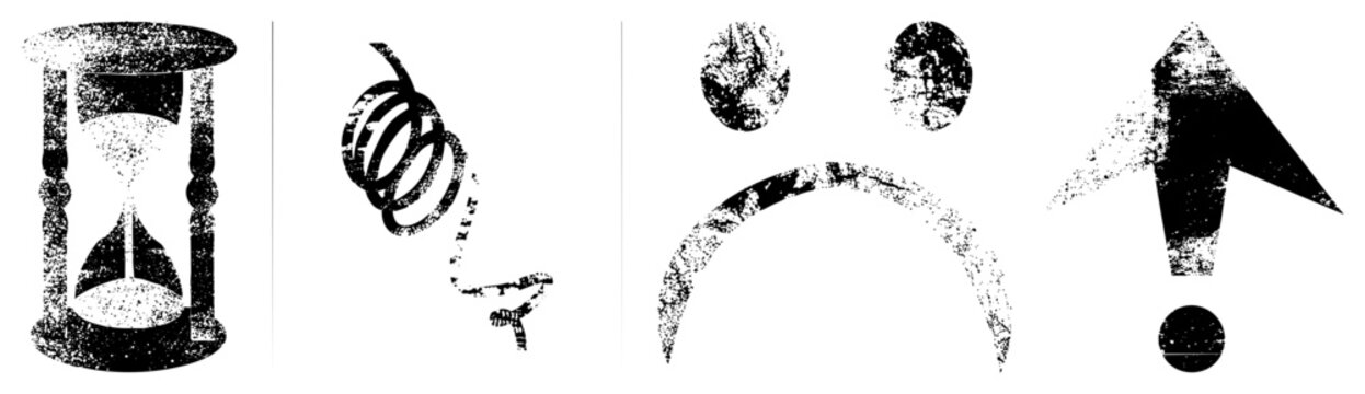 Rugged halftone glyphs (hourglass, spiral, frowny face, arrow) aka &ldquo;grit &rdquo; or &ldquo;distressed symbols.&rdquo; Raw, textured shapes ideal for edgy branding & retro posters blending vintage grit with moder