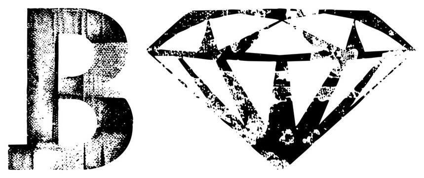 Rough halftone Bitcoin B gritty diamond, &ldquo;satoshis&rdquo; & &ldquo;digital gold&rdquo; slang. Distressed texture urban edge. Ideal for crypto merch or rebel branding.