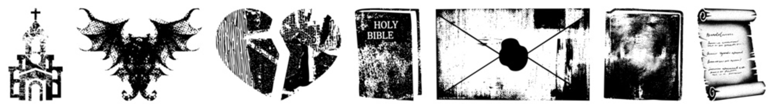 Holy book, devil wings, broken sacred and profane in gritty stencil style. Folk names God&rsquo;s pages, Satan&rsquo;s spread, scripture. Perfect for edgy spiritual merch or tattoo flash.