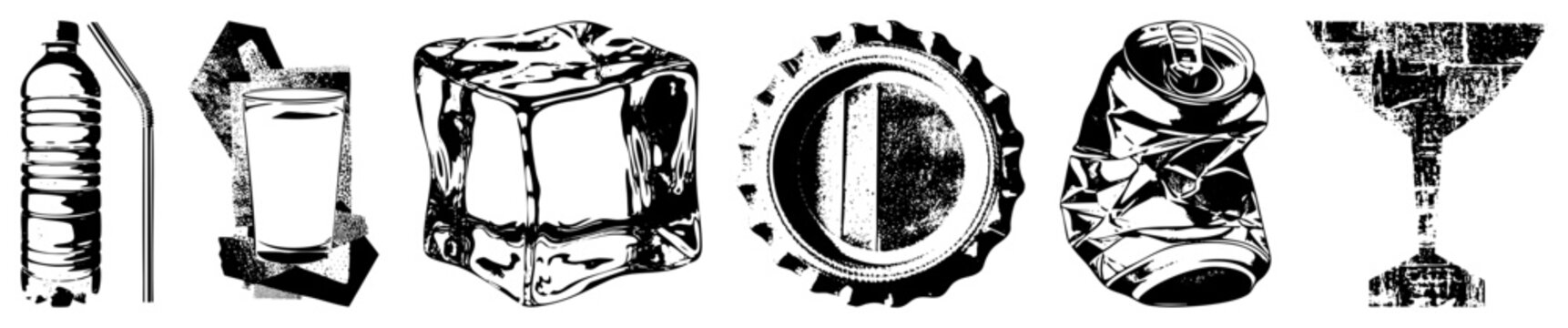 Drink glyphs water bottle, crushed soda can, ice cube, bottle cap (&ldquo;soda popper&rdquo;/&ldquo;chill cube&rdquo;) in gritty halftone, high contrast. Ideal for urban branding, evoking vintage screen prints.
