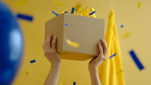 Hands hold up a celebratory gift box with shimmering confetti on a vibrant yellow background, featuring a defocused blue balloon and textile