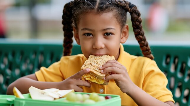 Young Black girl with braided pigtails eating a cheese sandwich at lunchtime