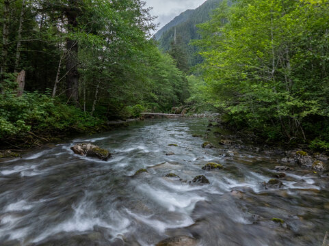 Aerial view of a fast-flowing river winding through a lush green forest with mountain peaks under a cloudy sky Alaska, United States.