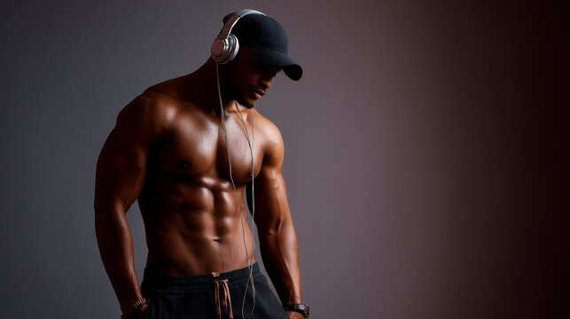 Candid portrait of man listening to music while working, headphones, torso only