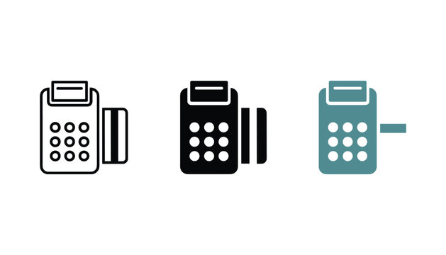 Point of Sale POS terminal with credit card insertion icon set for retail transactions and secure payment processing vector graphic illustration