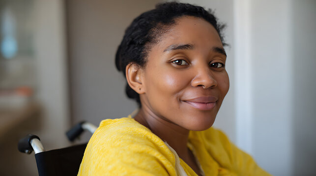 Positive woman with disability looks at camera, showcasing strength and resilience in healthcare, support, or personal care environments