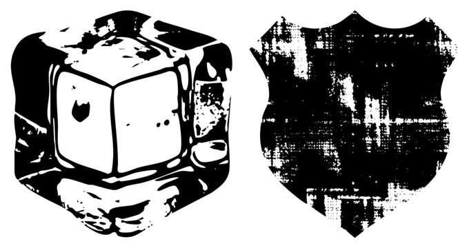 Gritty ice cube (frost chunk/chill block) beside a weathered shield emblem (armor badge/guard sigil), in stark black and white halftone with eroded edges ideal for edgy branding or streetwear.