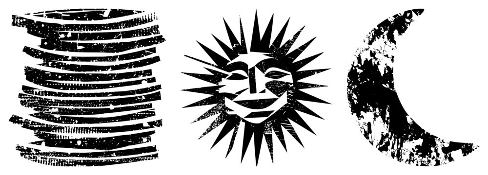 Rugged celestial trio sun, moon, in raw halftone grit. Weathered sky spirits or cosmic glyphs, radiating vintage print energy for edgy branding or tattoo flash.