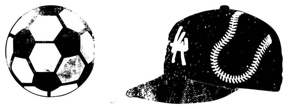 Gritty halftone soccer ball & baseball cap, streetwear vibes &ldquo;footy globe,&rdquo; &ldquo;cap with.&rdquo; Worn, urban sports look. Stark black, speckled decay, transparent bg. Ideal for edgy or retro merch.