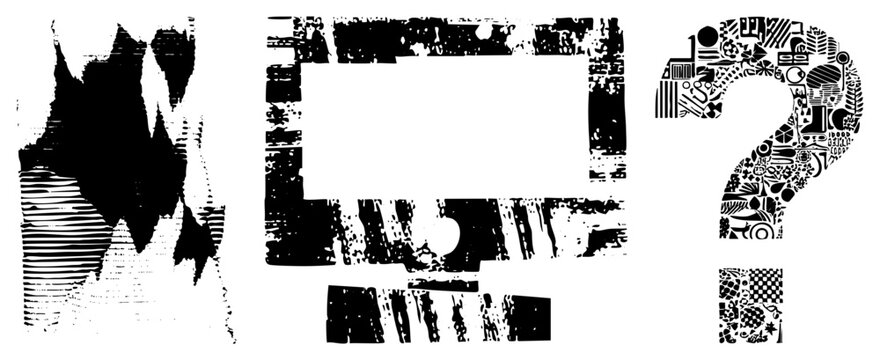 Bold question mark filled with doodles/glyphs, framed by halftone &ldquo;inkblot puzzle&rdquo; vibe, street art style. Fragmented border mimics torn poster/stencil. Ideal for edgy branding or mystery pos