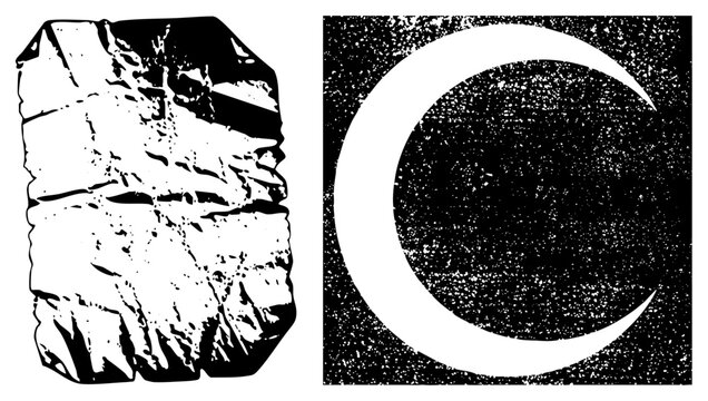 Stone slab beside halftone dotted moon &ldquo;moon rock&rdquo; or &ldquo;luna chunk&rdquo; for celestial, &ldquo;cracked slab&rdquo; for earthy. Stark black and white graphic blending raw texture with cosmic symbolism.