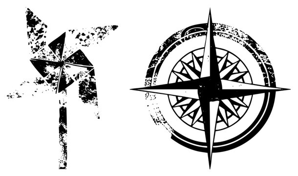 Weathered nautical compass & pinwheel wind vane in gritty halftone &ldquo;windcatcher&rdquo; or &ldquo;direction finder&rdquo; to sailors. Rough texture evokes vintage tattoo style, ideal for wanderers & mapmakers craving