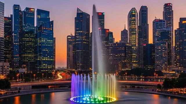 Vibrant cityscape with colorful fountain display.