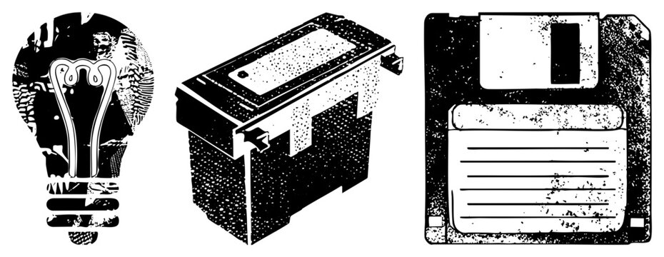 Retro tech trio in gritty halftone &ldquo;brainbox bulb,&rdquo; &ldquo;floppy flob&rdquo; pixelated, high contrast, punk geek vibe. Ideal for vintage digital branding or streetwear graphics.