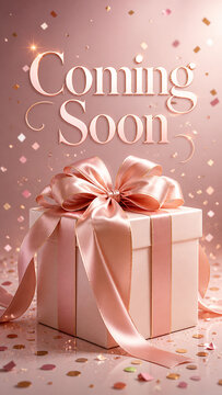 "Coming Soon" Text Elegant cript on Pink Background wth Gift Box and Ribbon