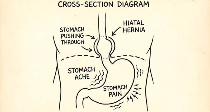 Hiatal Hernia Cross-Section Diagram with Stomach Pain