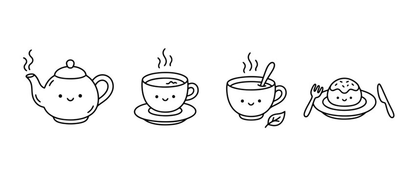 tea cute monoline vector set collection