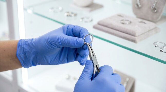 Piercing studio worker wearing blue gloves using specialized ring opening pliers on a captive bead ring