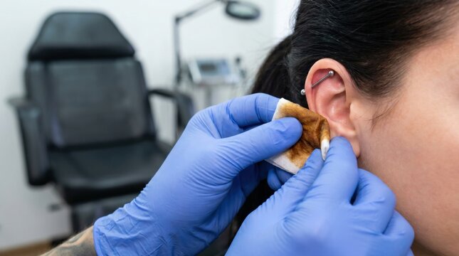 Body piercing artist in blue gloves wiping a client ear with an antiseptic swab after cartilage piercing