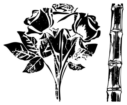 Rough cut rose ( heart) bamboo shoot (lucky cane), in distressed halftone & bold black on white raw, streetwise energy for edgy branding.
