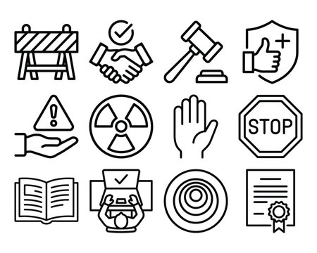 Set of line icons for safety regulations warnings compliance procedures with shaking hands thumbs up radiation