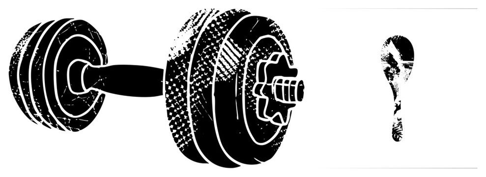 Heavy iron dumbbell rendered in gritty halftone, weight plate stacks, gym equipment, strength training gear, muscle building tool. Also known as a weight or iron.