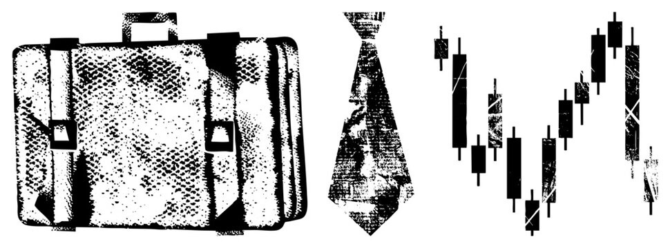 Business set textured briefcase, necktie, candlestick chart slang &ldquo;corporate armor&rdquo; or &ldquo;suit & chart.&rdquo; Gritty halftone style evokes vintage newsprint. Ideal for finance branding or edgy corpor