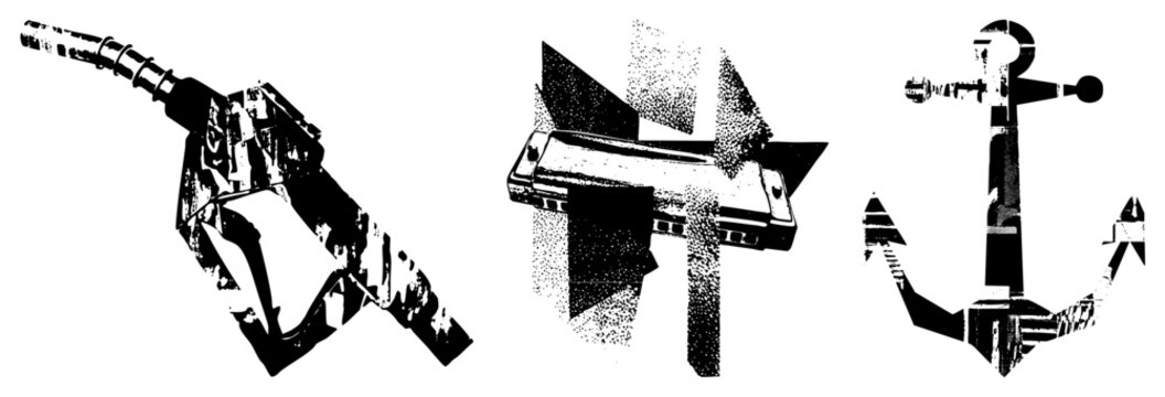 Rugged fuel pump handle, harmonica, anchor &ldquo;gas trigger,&rdquo; &ldquo;mouth organ,&rdquo; &ldquo;sea hook&rdquo; shattered into on white. Raw screen printed style evokes punk zines and nautical street art.