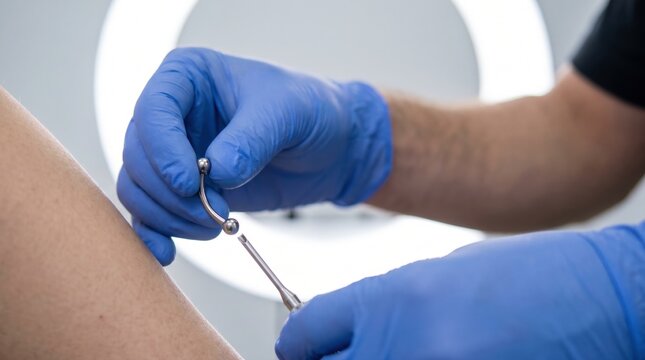 Body piercer wearing blue medical gloves handling a curved metal barbell jewelry piece with a tool