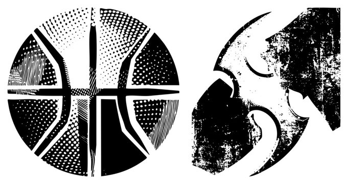 Streetball in gritty halftone, hoop junkie&rsquo;s dream urban court vibe, distressed edges, bold segments. Baller&rsquo;s emblem with raw, stencil energy for streetwear/gym branding.